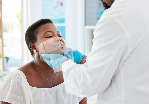 Image of Doctor, patient with sore throat and medical exam, consultation in hospital and healthcare with health insurance. Check facial lymph nodes, black woman with man and medicine professional in clinic