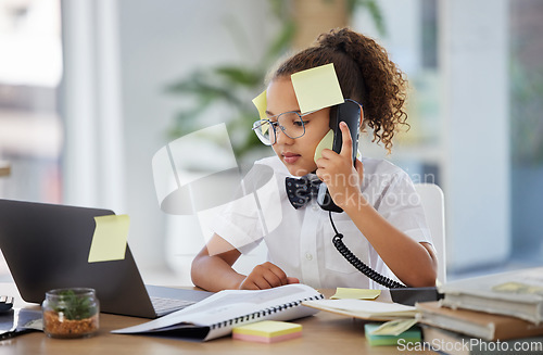 Image of Business, phone call and child with telephone and laptop at desk for conversation, discussion and contact. Communication, stress and young girl with sticky notes for planning, deadline and network