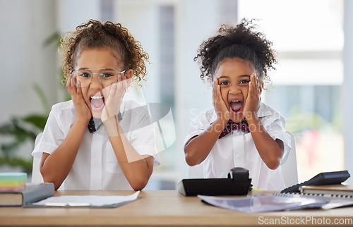 Image of Portrait, surprise and kids in business office playing, pretending and fantasy in workplace. Shock, wow and girls, friends or children pretend to be corporate employees, having fun and screaming.