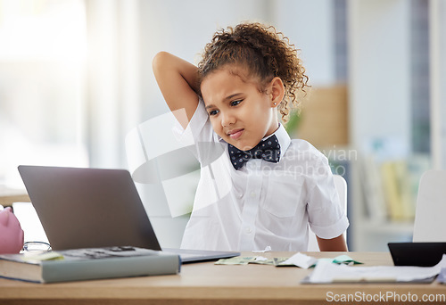 Image of Business, stress and child on laptop in office with 404 glitch, problem and network error at desk. Technology, corporate career and young girl on computer with worry, confused and anxiety for mistake