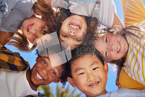 Image of Friends, smile and below portrait of children outdoors for summer holiday, weekend and playing games together. Childhood, friendship and group of kids in circle for diversity, community and support