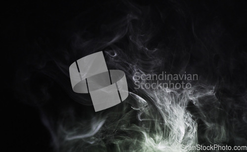 Image of Smoke movement, white background and studio with abstract pollution swirl with no people. Graphic, art and steam pattern in the air with isolated design smoking and incense creativity with motion