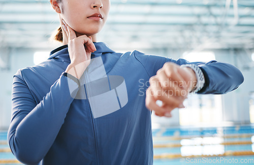 Image of Hands, smart watch and woman at swimming pool for heart rate, pulse and fitness. Sports, swimmer and person check wristwatch for tracking workout performance, exercise progress and training target.