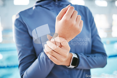 Image of Hands, wrist pain or girl swimmer with injury after exercise, training or workout accident in practice. Closeup, sports athlete or woman with fibromyalgia, tendinitis or broken bone inflammation