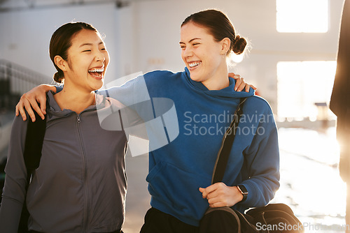 Image of Fitness, women and friends outdoor, hug and smile after training, workout and exercise for wellness. Female athletes, happiness and girls embrace, practice and sports for healthy lifestyle or bonding