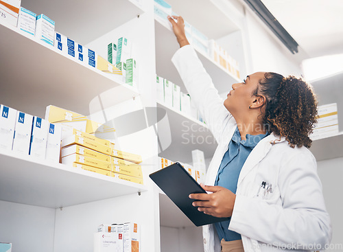 Image of Pharmacy product, shelf and tablet of woman for medicine management, stock research or medical inventory. Digital technology, logistics and medical doctor or pharmacist for pharmaceutical e commerce