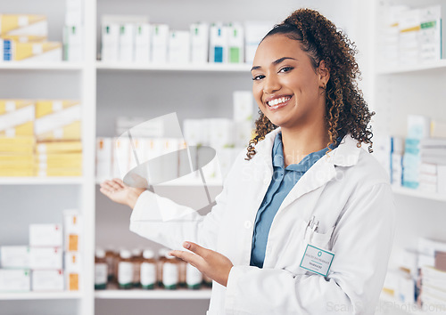 Image of Pharmacist woman, portrait and shelf choice or show medicine stock, product and happy customer service. Biracial doctor or medical professional in pharmacy for inventory of drugs and healthcare store