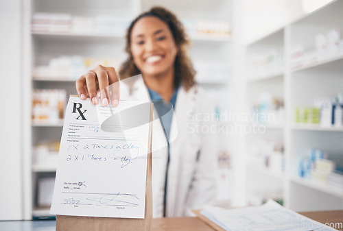 Image of Pharmacy, medicine bag and pharmacist giving package to pov patient for customer services, support or retail help desk. Woman portrait with pharmaceutical note, medical product or healthcare receipt