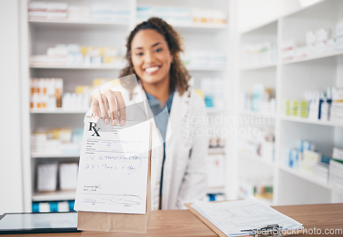Image of Pharmacy, medicine bag and woman giving package to pov patient in customer services, support or healthcare help desk. Pharmacist or doctor portrait with pharmaceutical note or medical product receipt