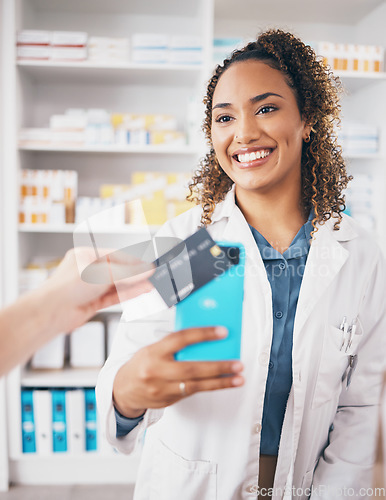 Image of Woman, pharmacy and credit card payment with phone, shopping or fintech for healthcare deal at store. Pharmacist, digital customer experience or ecommerce for medical product at shop with pos machine