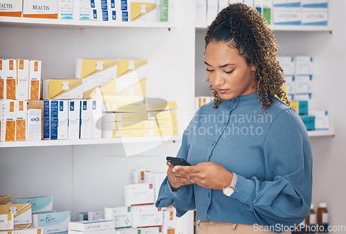 Image of Pharmacy, shelf and phone of woman check information online, product quality on internet or healthcare choice. Customer on mobile app or website for medical research of supplements or drugs in store