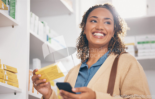 Image of Pharmacy, product and phone of customer or woman with medicine choice, health insurance app and medical choice. Happy biracial person at drugs store, shelf and mobile thinking of healthcare decision