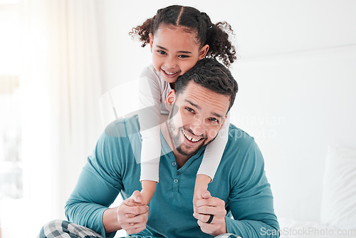 Image of Morning, portrait and father with daughter in bedroom for happy, bonding and wake up. Smile, relax and playful with little girl hugging man at home for affectionate, support and free time on weekend