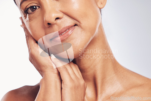 Image of Portrait, closeup and woman with skincare, beauty and dermatology against a white studio background. Face detox, female or person with grooming, morning routine and luxury with salon treatment or spa