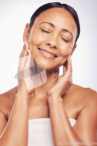 Image of Happy, old woman and face, antiaging skincare with beauty and dermatology, natural cosmetics isolated on studio background. Female eyes closed, satisfaction and wellness with cosmetic care and glow