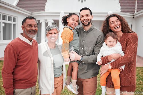 Image of Family, generations and smile in portrait outdoor, grandparents and parents with children on lawn at home. Men, women and kids, love and care in relationship with happiness and happy people at house