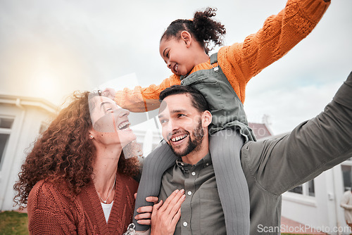 Image of Happy family, piggy back and parents with child in yard of new house, happiness and security at home. Interracial mother, father and girl bonding in backyard together with love and smile on weekend.