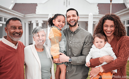 Image of Family, generations and happy people in portrait outdoor, grandparents and parents with children on lawn at home. Men, women and kids, love and care in relationship with smile and happiness at house