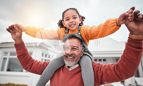 Image of Shoulder hug and portrait of grandfather and girl for bonding, playful and affectionate. Weekend, free time and happiness with family on lawn at home for support, care and holiday together