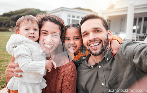 Image of Love, selfie and family outdoor, smile and bonding with quality time, carefree and relax together. Portrait, parents or mother with father, children or kids outside, interracial or happiness on break