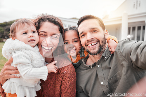 Image of Selfie, family and children outdoor with their parents in summer for a photograph to make memories together. Portrait, love or profile picture with a mother, father and kids bonding in a home garden