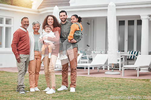 Image of Family, generations and happiness in portrait at holiday home, grandparents and parents with children on lawn. Men, women and kids, love and care in relationship and happy people smile on vacation