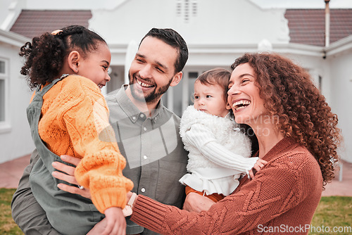 Image of Happy, home and family outdoor, bonding and quality time for memories, real estate or cheerful together. Parents, mother or father with children, kids in backyard or happiness with joy or interracial