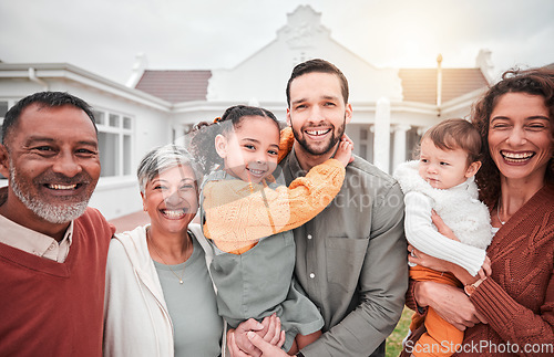 Image of Happy, generations and selfie with big family on lawn of home for social media, bonding and affectionate. Happiness, photo and grandparents with children and parents for picture, portrait and break