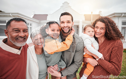 Image of Family, portrait and outdoor with a smile and love with children, parents and grandparents together. Men, women and happy kids in a backyard for support, care and security with a hug and quality time