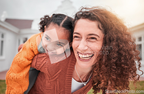 Image of Smile, piggy back and happy woman with child in yard of new house, happiness and adoption at family home. Interracial mom and girl bonding in backyard together with love and outdoor fun on weekend.