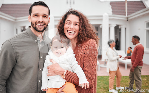 Image of Family, mother and father portrait outdoor with a smile and love for child or baby. Man, woman and happy kid in a backyard for support, care and security in a garden at home for quality time or laugh