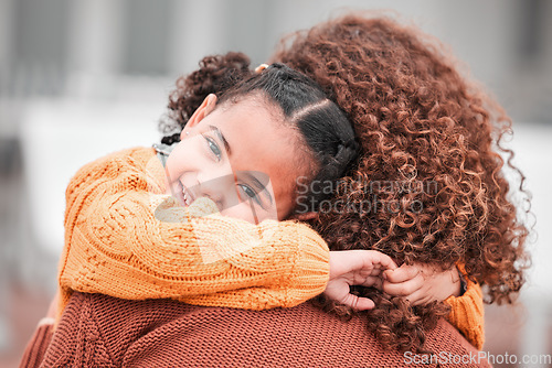 Image of Portrait, mother and girl hug, smile and bonding with quality time, carefree and happiness. Love, mama and daughter embrace, female child and kid with mom, parent and affection with care and joyful