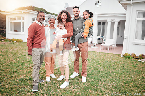 Image of Family, generations and happiness in portrait outdoor, grandparents and parents with children on lawn at home. Men, women and kids, love and care in relationship with smile and happy people at house