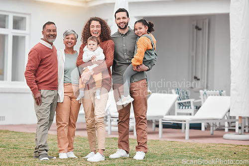 Image of Family, generations and happy in portrait outdoor, grandparents and parents with children at holiday home. Men, women and kids, love and care in relationship with smile and people on vacation