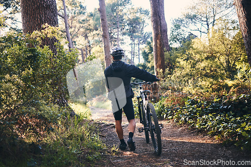 Image of Nature, fitness and man cyclist with a bicycle for cardio training, health or wellness in the woods. Sports, cycle and male athlete walking with a bike outdoor in the forest to practice for a race.