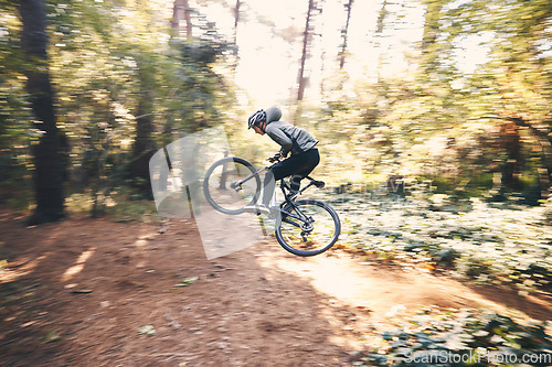 Image of Cycling, speed and man on a bicycle on a forest road doing training and exercise on a bike. Fast, outdoor trail and athlete on a drive with energy on a nature adventure with fitness on a path