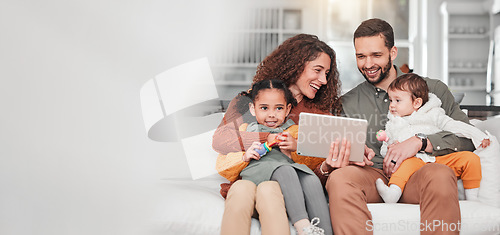 Image of Happy family on sofa with tablet, kids and bonding, streaming service for child development video with mockup space. Mother, father and children on couch, happiness and smile in digital entertainment