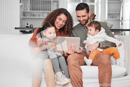 Image of Happy family on couch with tablet, children and bonding, streaming service for child development video with mockup space. Mother, father and kids on sofa, happiness and smile in digital entertainment