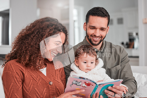 Image of Parents, baby and reading story on sofa with smile, happiness and bonding with love in living room. Man, woman and child with book for learning, care and relax together on lounge couch in family home