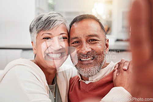 Image of Selfie, smile and a portrait of a mature couple together for a memory, bonding and quality time. Happy, affection and faces of a man and woman taking a photo at home for relationship memories