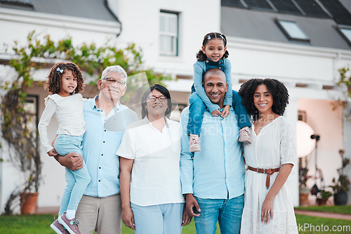 Image of Happy, support and portrait of big family at home for bonding, generations and carefree. Happiness, weekend and grandparents with children and parents on lawn of house for smile, cheerful and joy