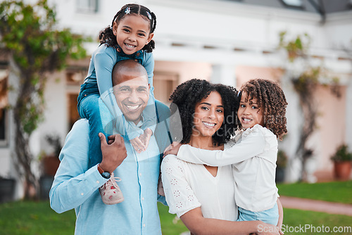 Image of Love, portrait and family outdoor, real estate and bonding for quality time, loving and cheerful. Face, happy parents and mother with father, female children and kids outside, excited or new property