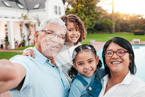 Image of Family, children and outdoor selfie with grandparents in backyard for love and care. Happy girl kids, senior man and woman together for support, peace or home quality time for portrait in retirement