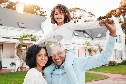 Image of Portrait of mother, father and girl in backyard for bonding, quality time and play outdoors in new house. Family home, real estate and parents smile with child relax on weekend, vacation and holiday