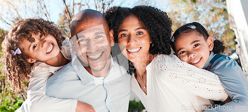 Image of Family, children and portrait outdoor with parents in nature with love and care. Happy kids, man and woman together for support, piggyback or quality time with hug and smile for happiness or security