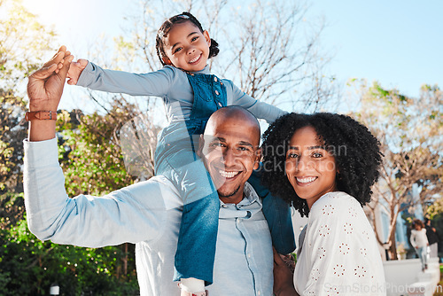 Image of Family, child and portrait outdoor with parents in backyard for love and care. Happy girl kid, man and woman together holding hands for support, peace or quality time for hug and smile or security