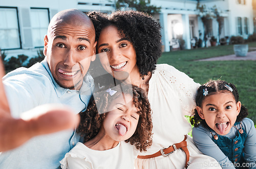 Image of Family, silly selfie and outdoor with children and parents in backyard for love and care. Happy kids, man and woman together for support with hug, smile and tongue out for comic or funny portrait