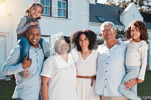 Image of Family, children and portrait outdoor with parents and grandparents in backyard for love and care. Happy kids, men and women together for support, peace or quality time for hug and smile or security