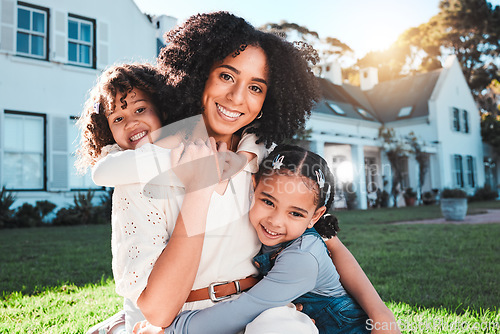 Image of Family, garden and portrait of mother with children relax in backyard for bonding, quality time and playing outdoors. Love, new house and mom with girls smile on summer vacation, weekend and hugging