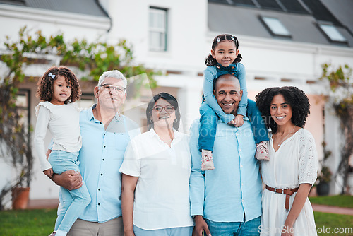 Image of Happy, relax and portrait of big family in garden for home bonding, generations and holiday. Happiness, weekend or grandparents with children and parents on lawn of house for support, cheerful or joy